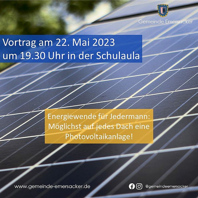 Vortrag über Photovoltaikanlagen für Privatpersonen am 22. Mai 2023 in Emersacker