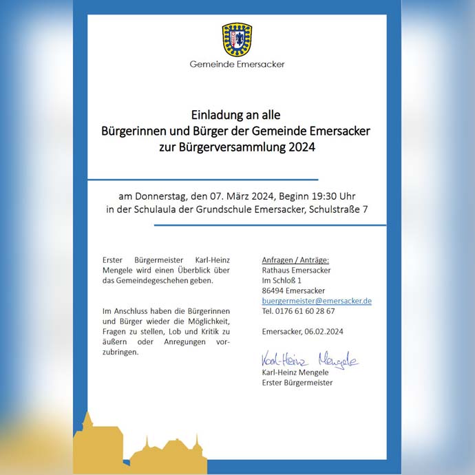Einladung an alle Bürgerinnen und Bürger der Gemeinde Emersacker zur Bürgerversammlung 2024