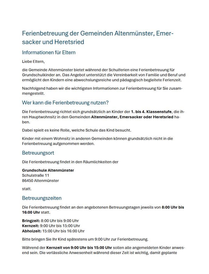 Informationsblatt Ferienbetreuung, 1. Seite von 5