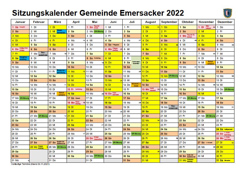 Sitzungen und Termine in der Gemeinde Emersacker für das Jahr 2022 